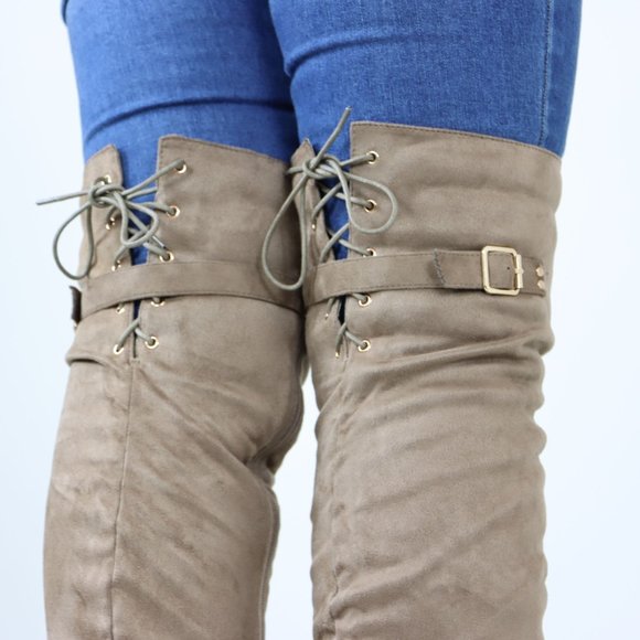 Taupe Thigh High Over The Knee Flat Boots Faux Suede Laced Back - Picture 9 of 15